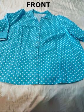 BLOUSE, COTTON SPANDEX, TURQUOISE WITH WHITE DOTS, SIZE 24W, BUTTON FRONT, ¾ SLE
